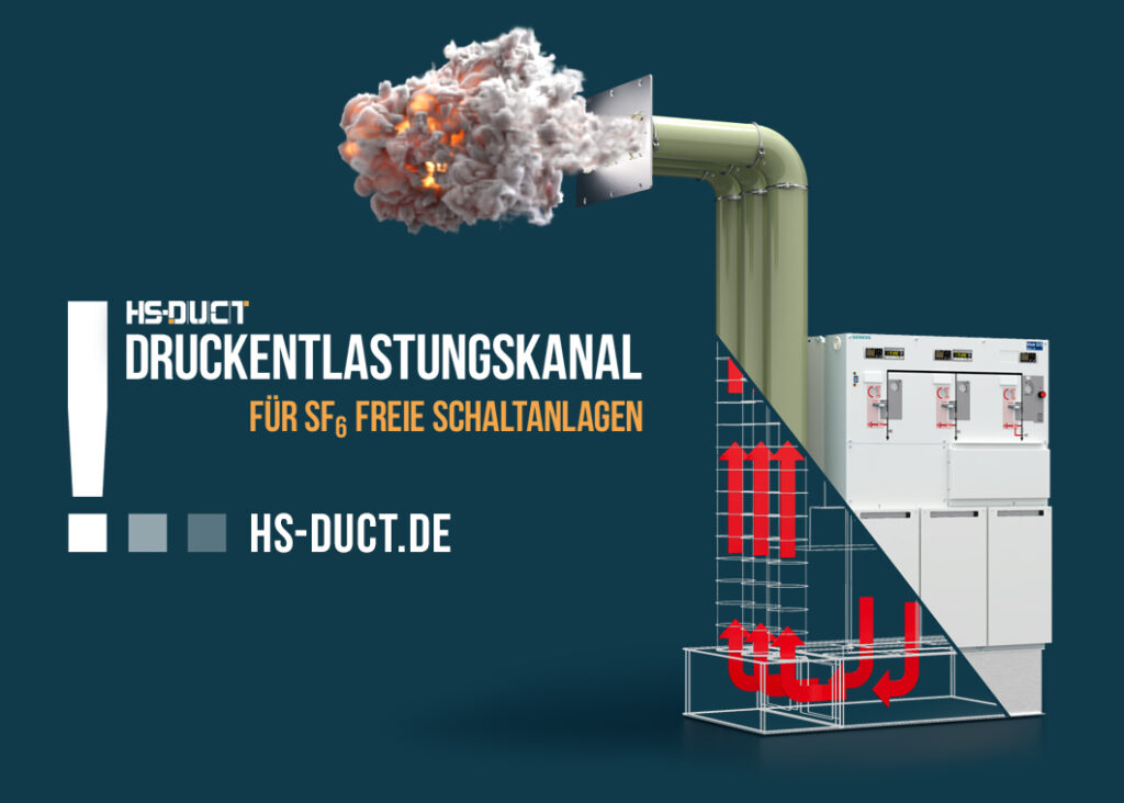 Schaubild einer sf6-freien Mittelspannungsschaltanlage mit dem hs-duct Druckausleitkanal als skizze mit austretendem Rauch. Grafischer Text: HS-DUCT Druckentlastungskanal für sf6-freie Schaltanlagen, hs-duct.de